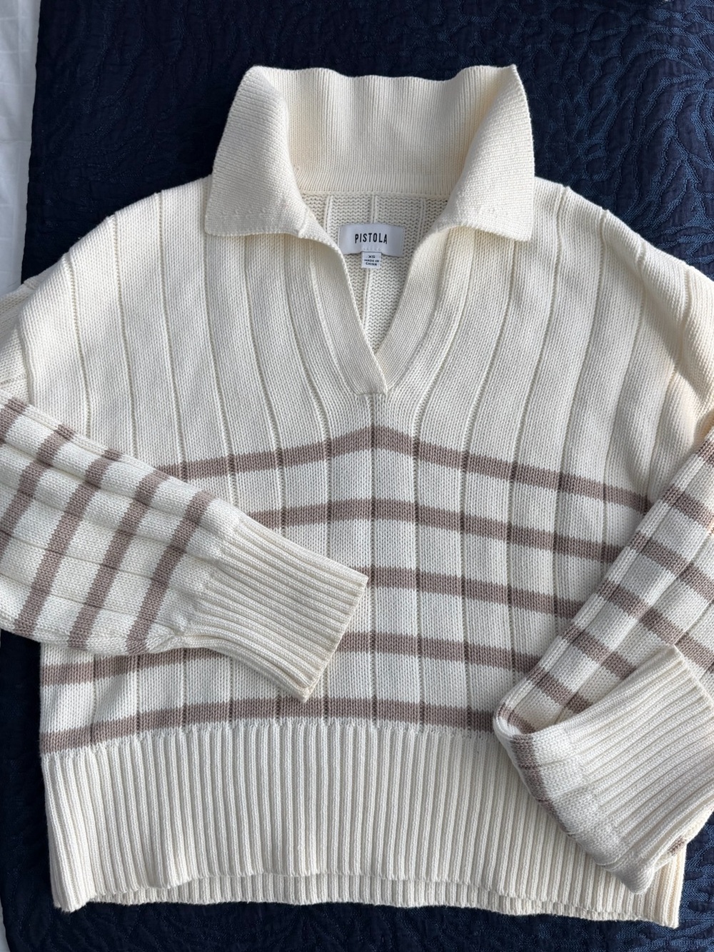 pistola Cream V-Notch Collared Sweater with Taupe Stripes